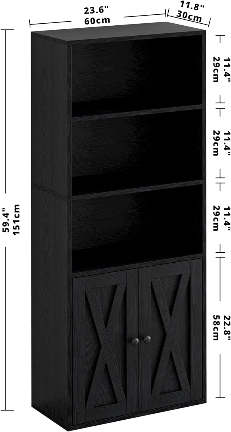 Industrial Bookshelves and Bookcases with Doors 11.8 in Depth Floor Standing 5 Shelf Display Storage Shelves Bookcase Home Decor Furniture for Home, Office, Living Room, Bedroom-2