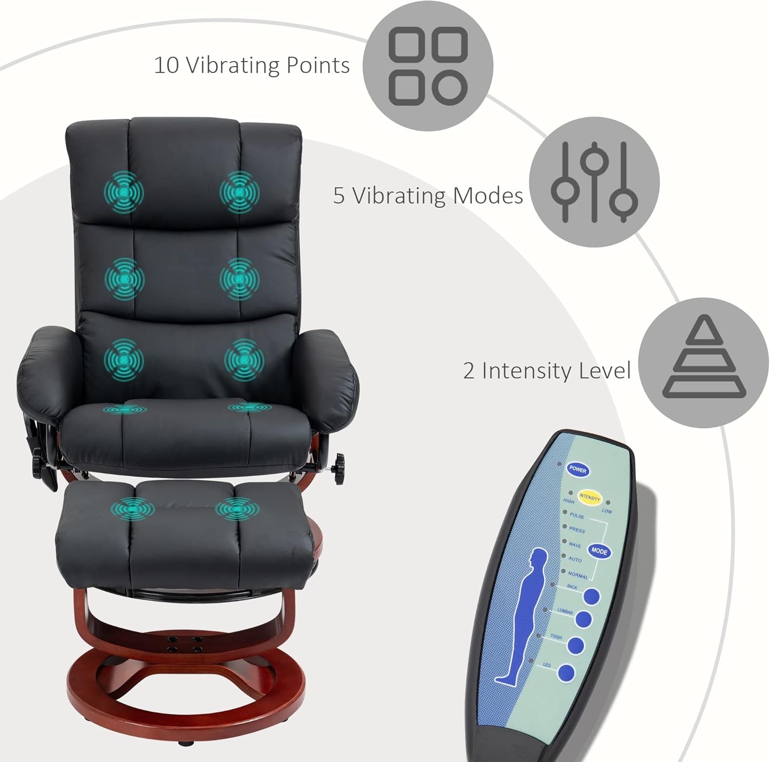 Massage Recliner Chair with Ottoman, Swivel Recliner and Footrest, Faux Leather Reclining Chair with Remote Control and Side Pocket, Black-3