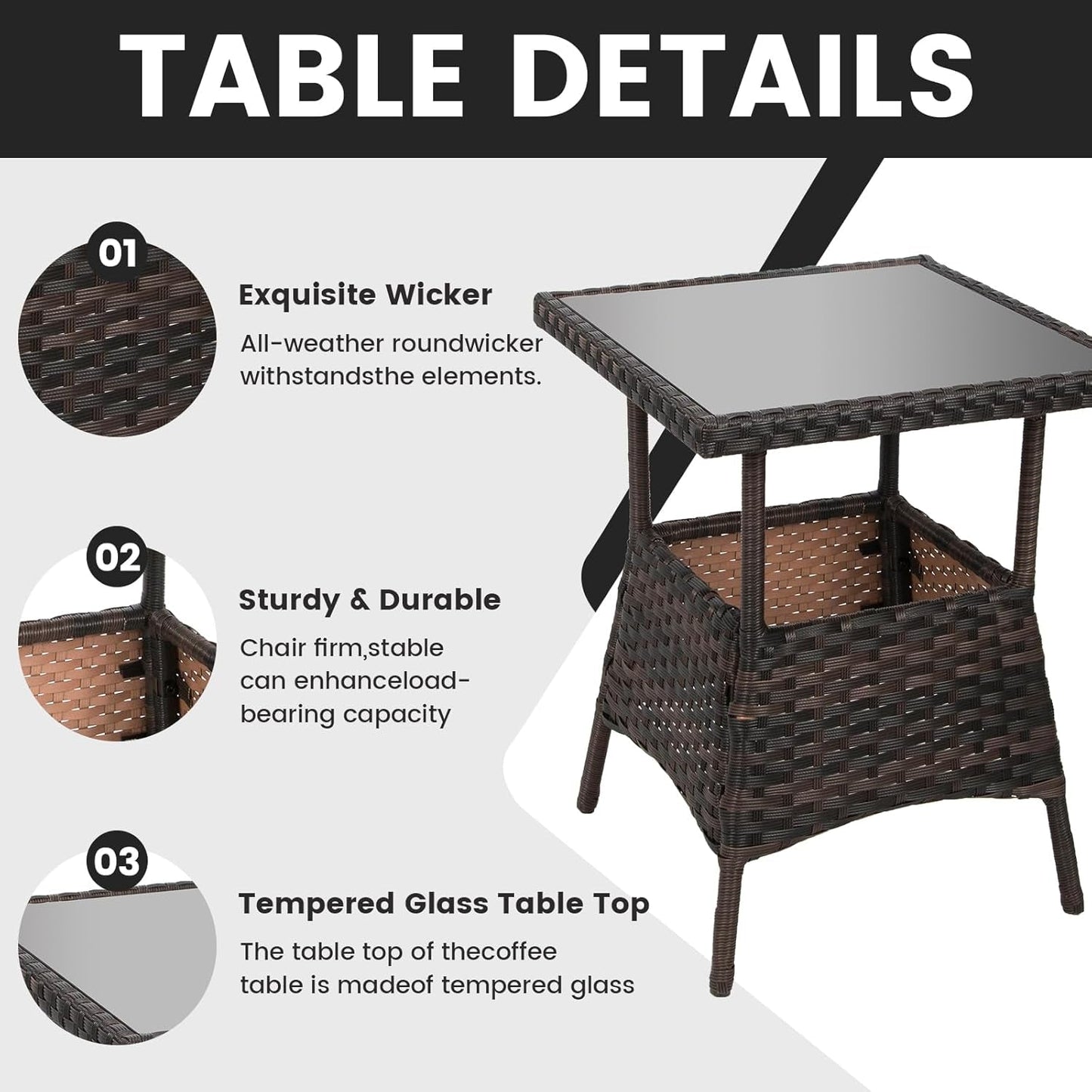 3 Pcs Rocking Bistro Set Conversation Chairs PE Wicker Outdoor Rocking Chairs(Rocking Set,Black)-3