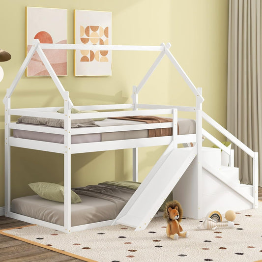 House Shaped Junior Bunk Bed Frame Twin over Twin with Slide and Storage Stairs, Wood Low Bunkbed with Full-Length Guardrails and Roof Design for Teens, Boys, Girls, No Box Spring Needed, White-0