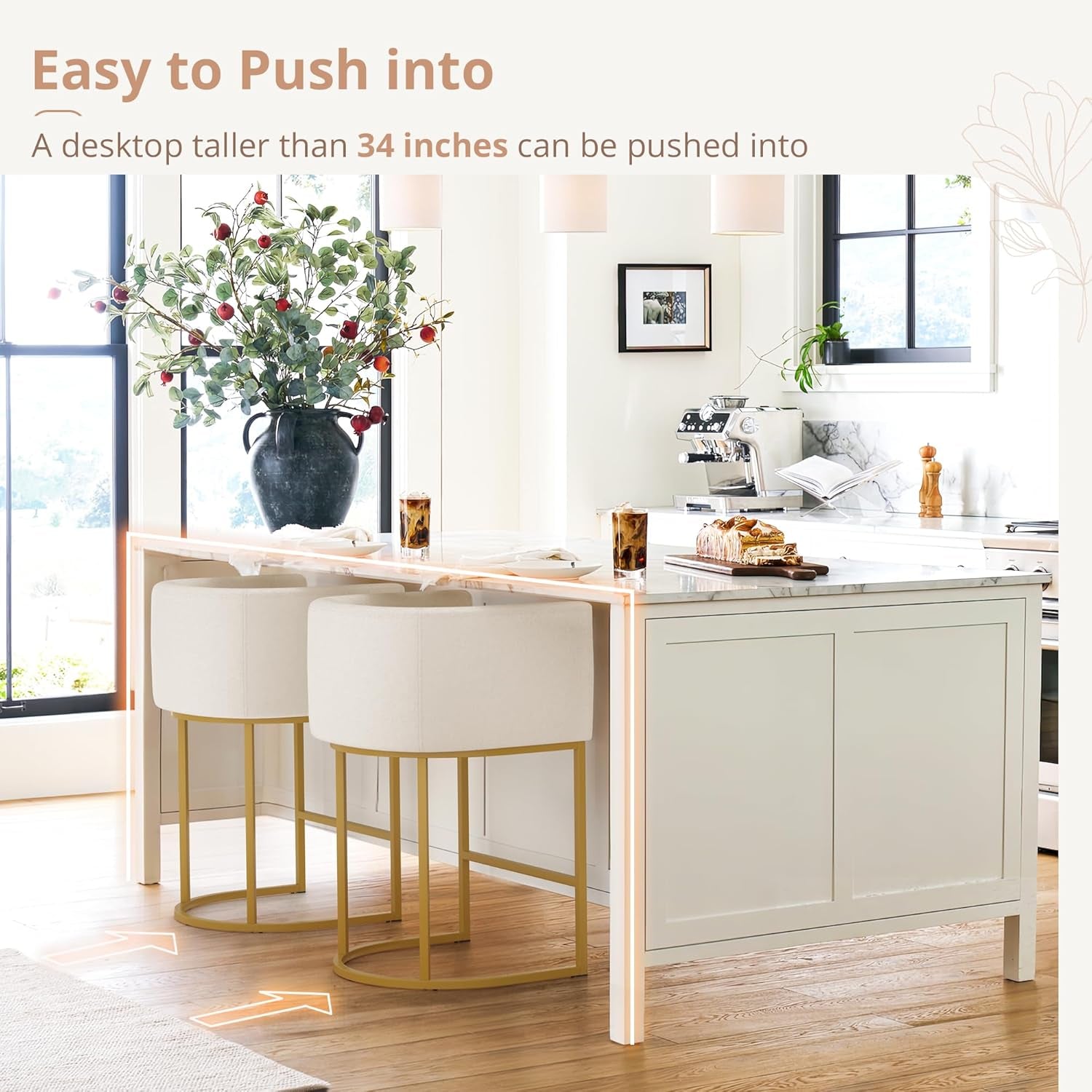 27" H Counter Height Bar Stools, Modern Barrel Counter Stools with Backrest and Arms, Gold Metal Frames, Linen Fabric Upholstered Accent Barstools for Kitchen Island, Beige-3