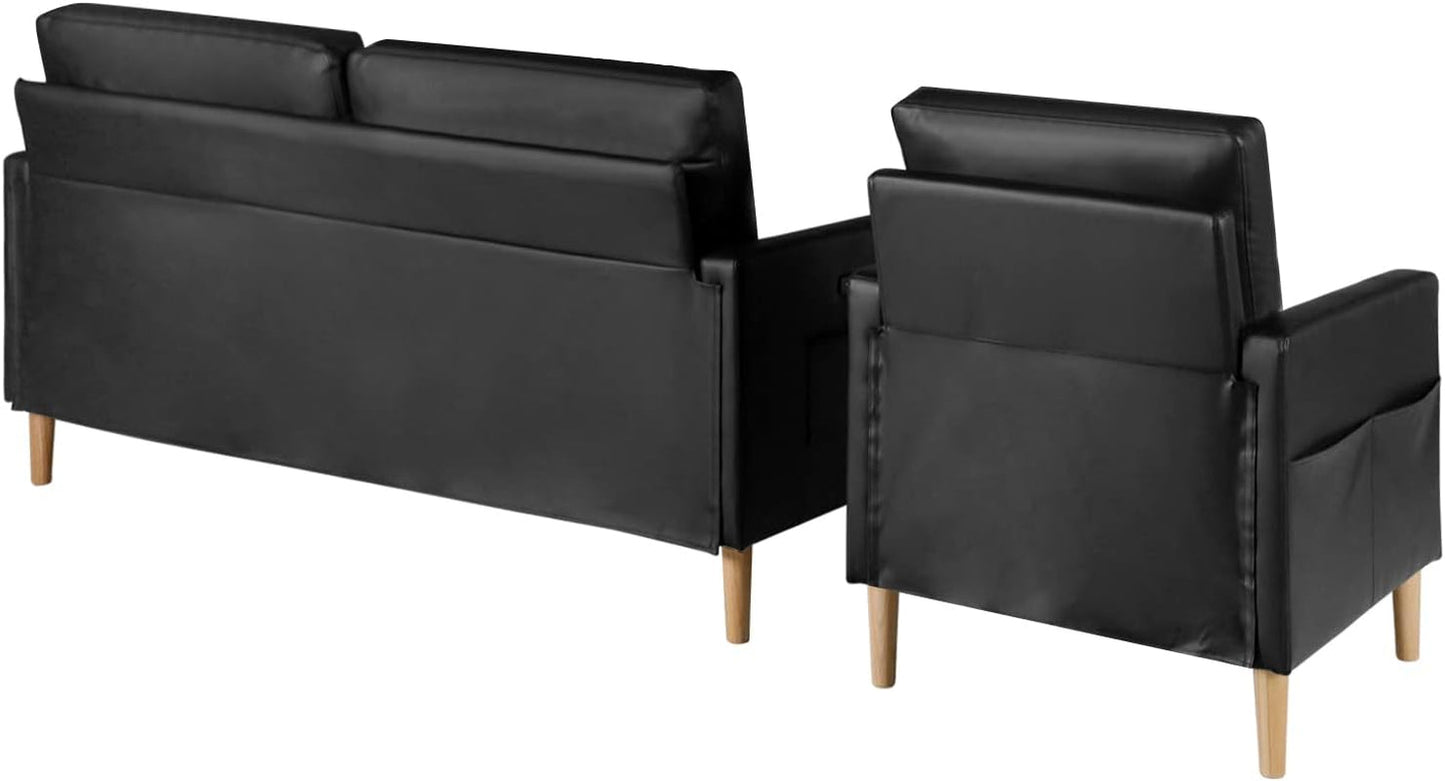 Mid-Century Sectional Sofa Sets 2 Pieces Faux Leather Loveseat Couches with 2 USB Living Room Furniture Accent Arm Chairs for Small Space, Apartment, Office (Black, 1-Seater+3-Seater)-4