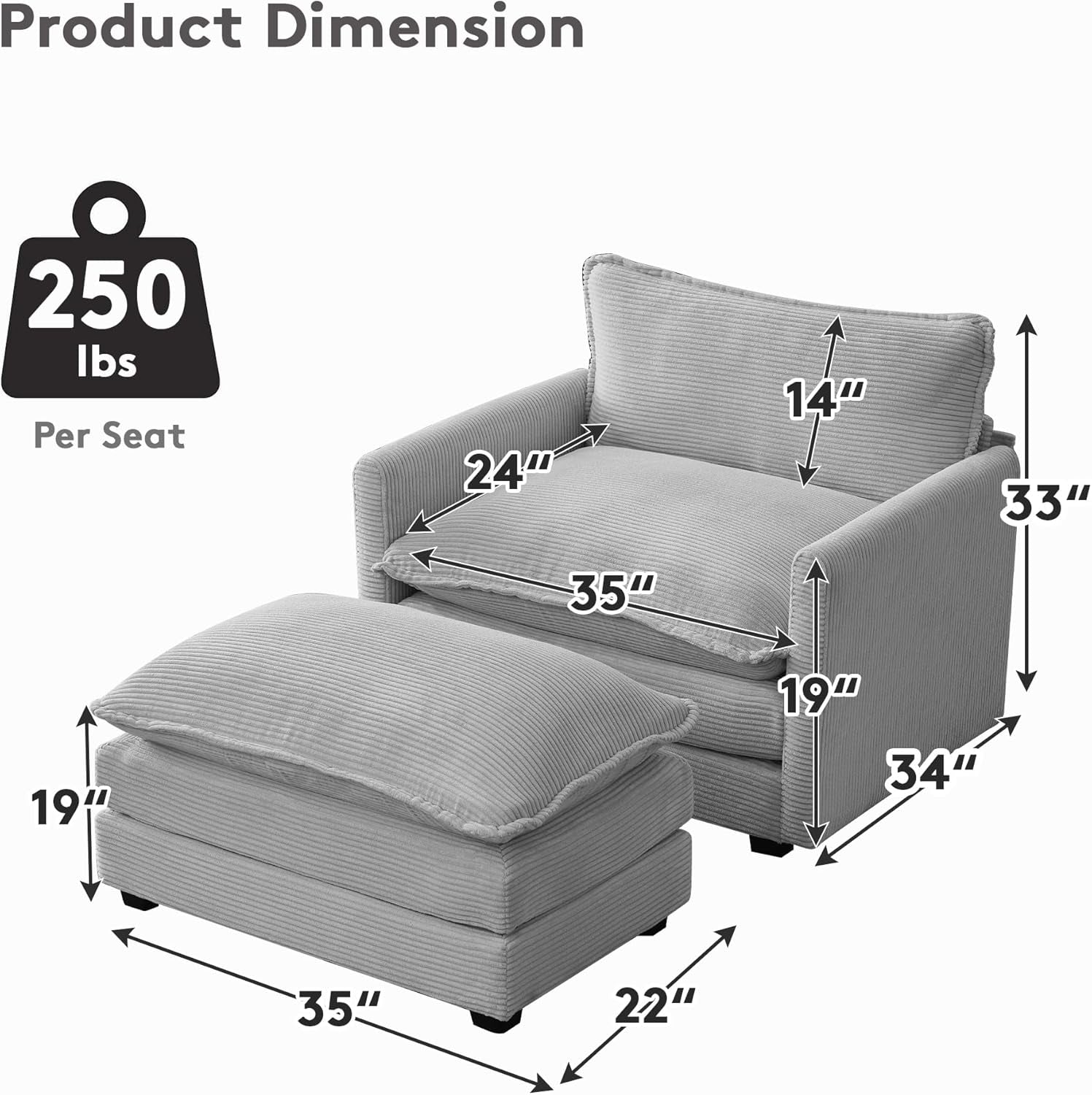 Convertible Sectional Couch with Ottoman, Corduroy Single Armchair with Ottoman, Upholstered Couch with Convertible Chaise, Modern Living Room Furniture Set, Light Grey-1