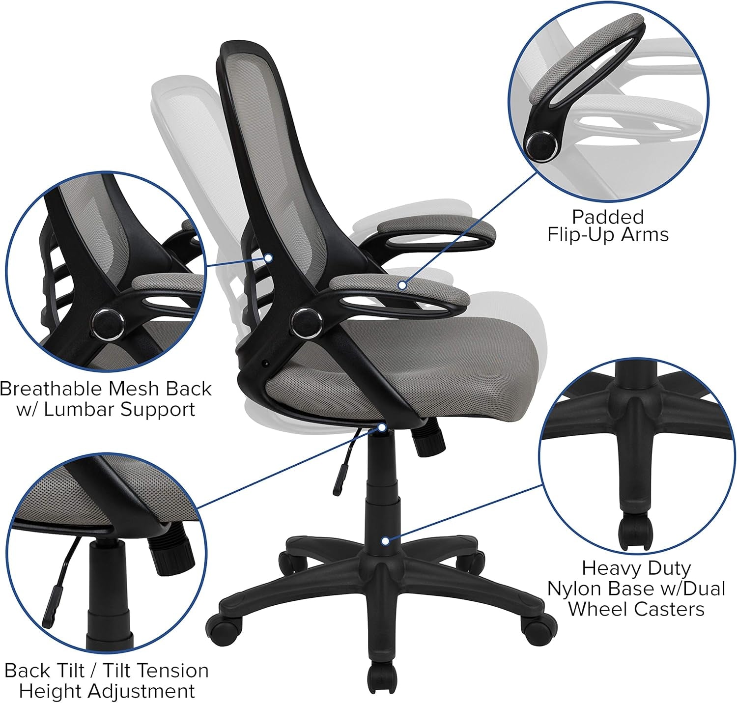 Porter High-Back Swivel Office Chair with Adjustable Lumbar Support and Seat Height, Ergonomic Mesh Desk Chair with Flip-Up Armrests, Gray/Black-3