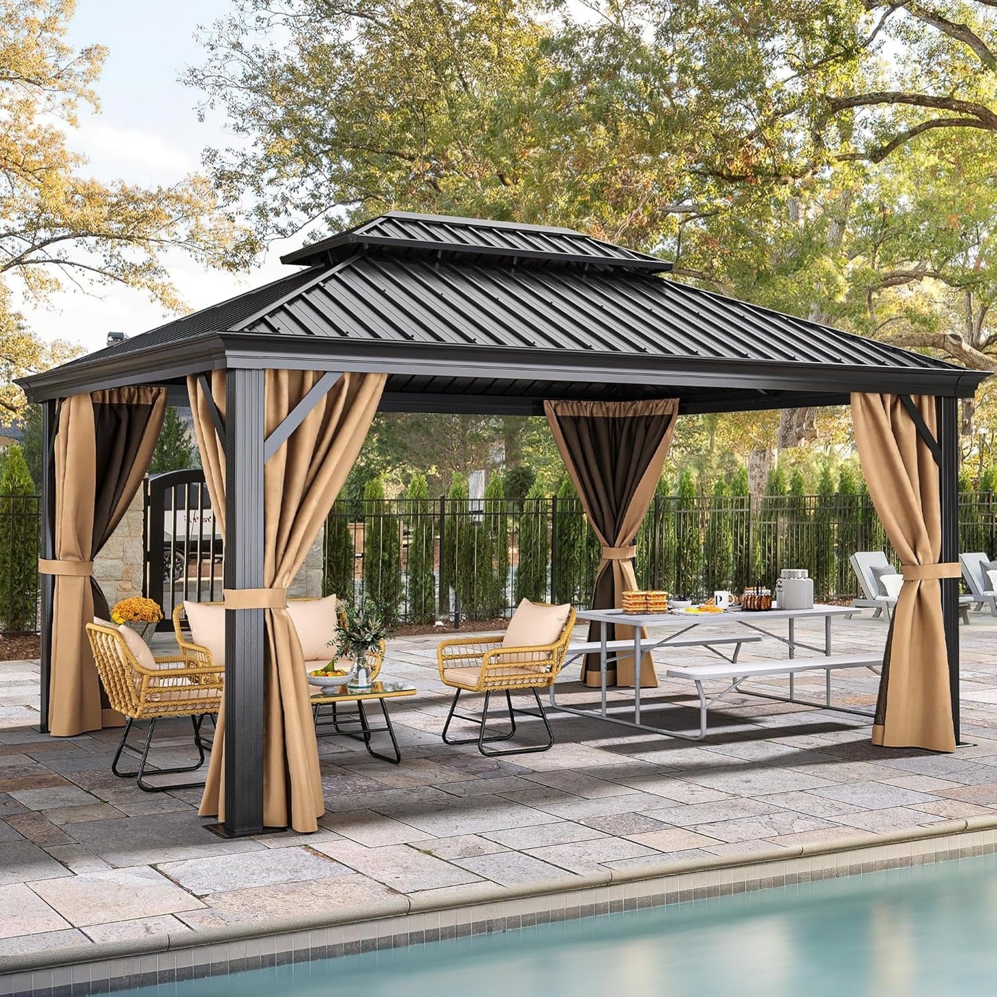12x16 Hardtop Gazebo with Netting Curtains Brown-1
