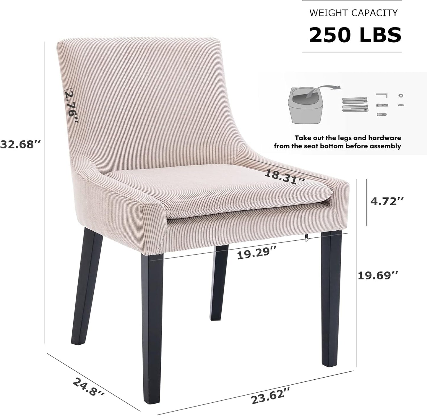 Modern Dining Chairs Set of 2, Upholstered Corduroy Accent Side Leisure Chairs with Mid Back and Wood Legs for Living Room/Dining Room-Beige-2