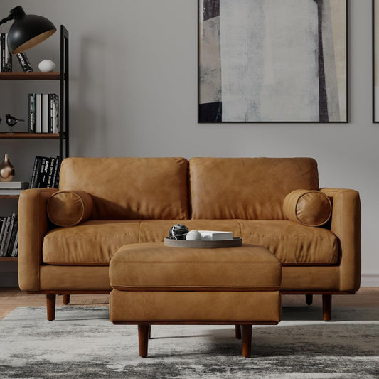 Morrison Mid-Century Modern 72 Inch Wide Sofa with Ottoman Set in Sienna Genuine Leather for the Living Room and Family Room-1