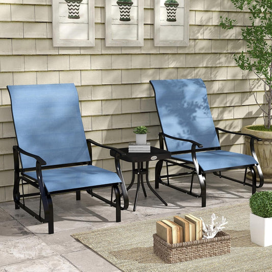 3-Piece Outdoor Gliders Set Bistro Set with Steel Frame, Tempered Glass Top Table for Patio, Garden, Backyard, Lawn, Light Blue-1