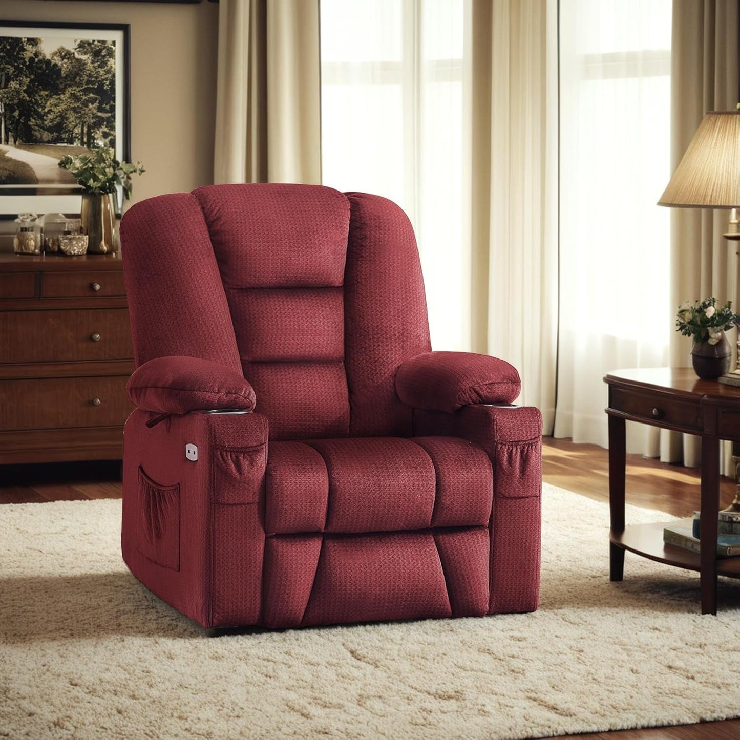 Power Lift Recliner Chair with Massage and Heat for Elderly People, Cup Holders, USB Ports, Side Pockets, Fabric 7529 (Medium, Burgundy)-1