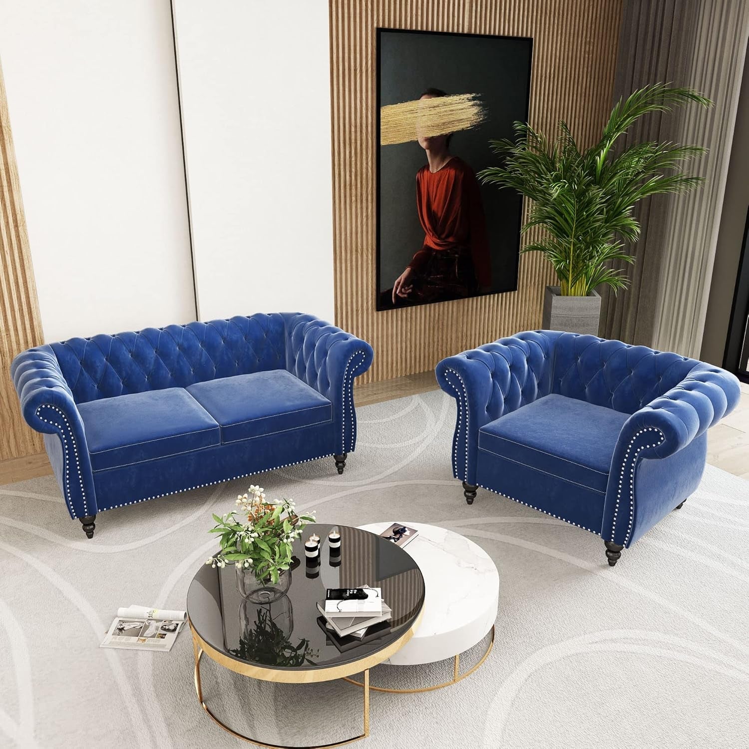 2 Piece Living Room Set, Chesterfield Velvet Sofa Loveseat Couch Chair with Scroll Arms and Nailhead for Living Room, Office (Blue, 1-2)-0