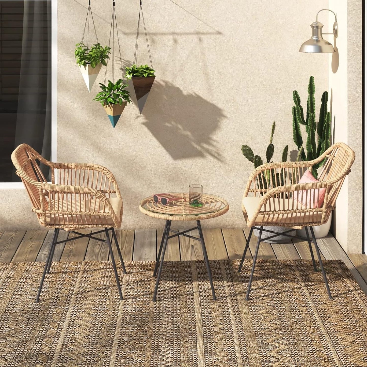 3Pcs Outdoor Bistro Chat Set Patio Conversation Wicker Chairs Glass Table with Seat Cushions, Beige-2