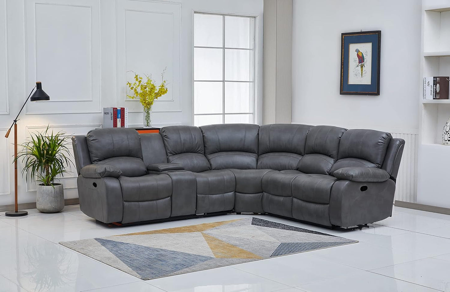 Bonded Leather Sectional Sofa 3 Recliners, Grey-1