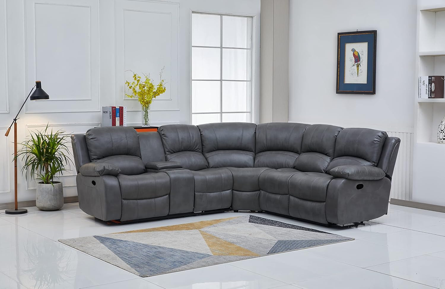 Bonded Leather Sectional Sofa 3 Recliners, Grey-1