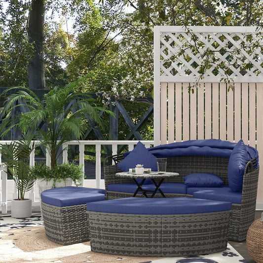 4 Piece round Rattan Daybed, Convertible Patio Furniture Set, Adjustable Sun Canopy, Sectional Outdoor Sofa, 2 Chairs, Extending Tea Table Ottoman Chair, 3 Pillows, Dark Blue-1