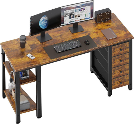 55 Inch Computer Desk with 4 Fabric Drawers & Storage Shelves, Writing Work Study Desk for Home Office Bedroom, Modern Simple Student PC Desks Table, Rustic Brown-0