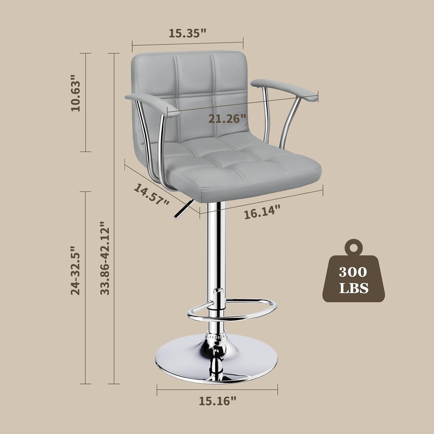 Bar Stools Set of 2,Armrest Adjustable Swivel Barstools with Back,Double Needle PU Leather Counter Height Bar Stools for Kitchen Island, Light Grey-2