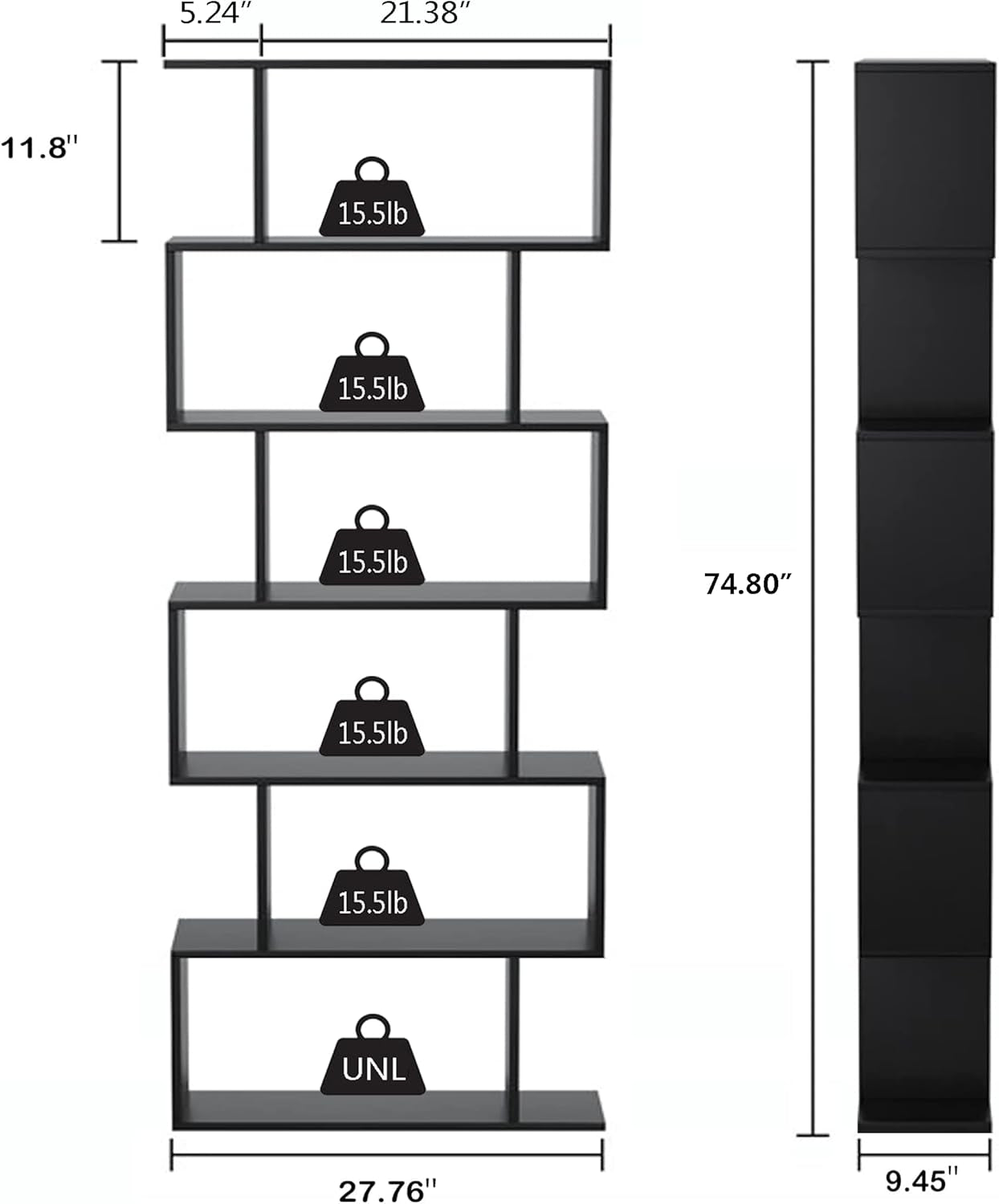 6-Tier Black S-Shaped Modern Geometric Bookshelf-2