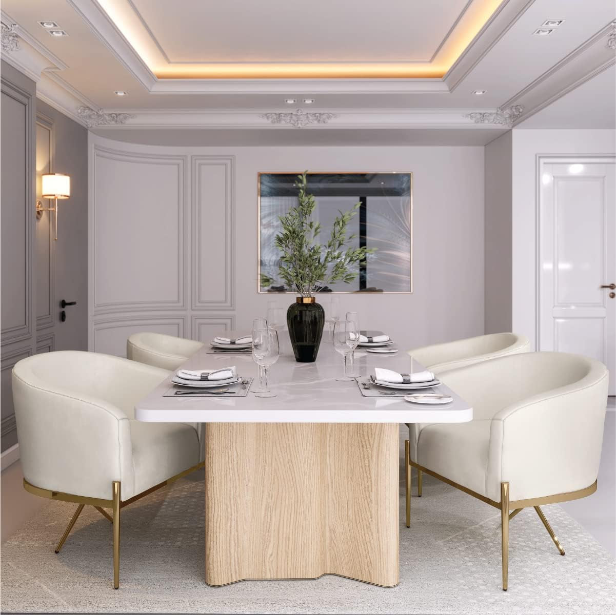 Arm Chair for Living Room and Dining Room with Upholstered Easy Clean Velvet and X Shaped Gold Legs, Ivory-3