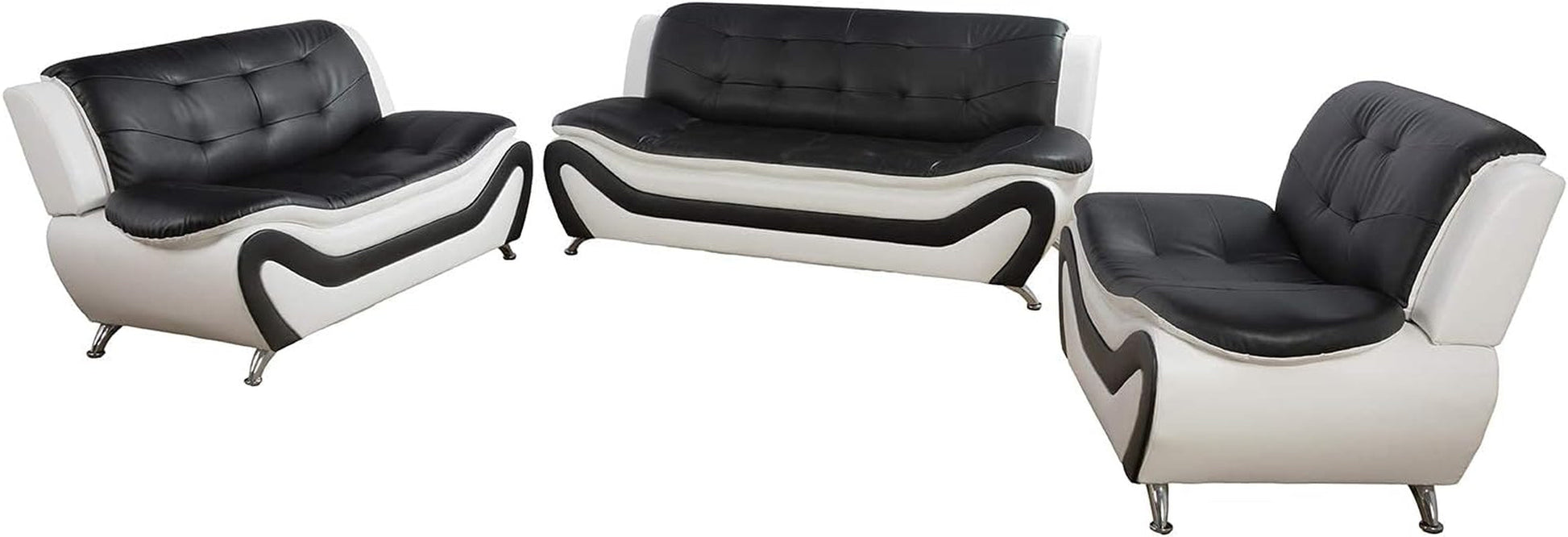3 PCS Faux Leather Aldo Modern Sofa Set, Living Room Set with Sofa, Loveseat and Chair (Black & White)-1