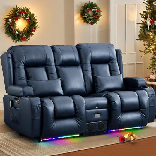 Power Loveseat Recliner Sofa with Massage & Heat Home Theater Seating with Console Electric Recliner RV Sofa with Usb/Outlet/Storage/Side Pocket/Led Light/Speaker (Blue, Loveseat)-0