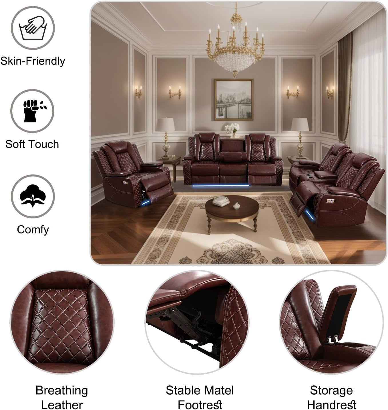 Power Reclining Sofa Set, Living Room Furniture Set with USB Ports, Leather Recliner Couches Set for Living Room/Apartment/Office/Home Theather (Burgundy, Sofa+Loveseat+Chair)-2