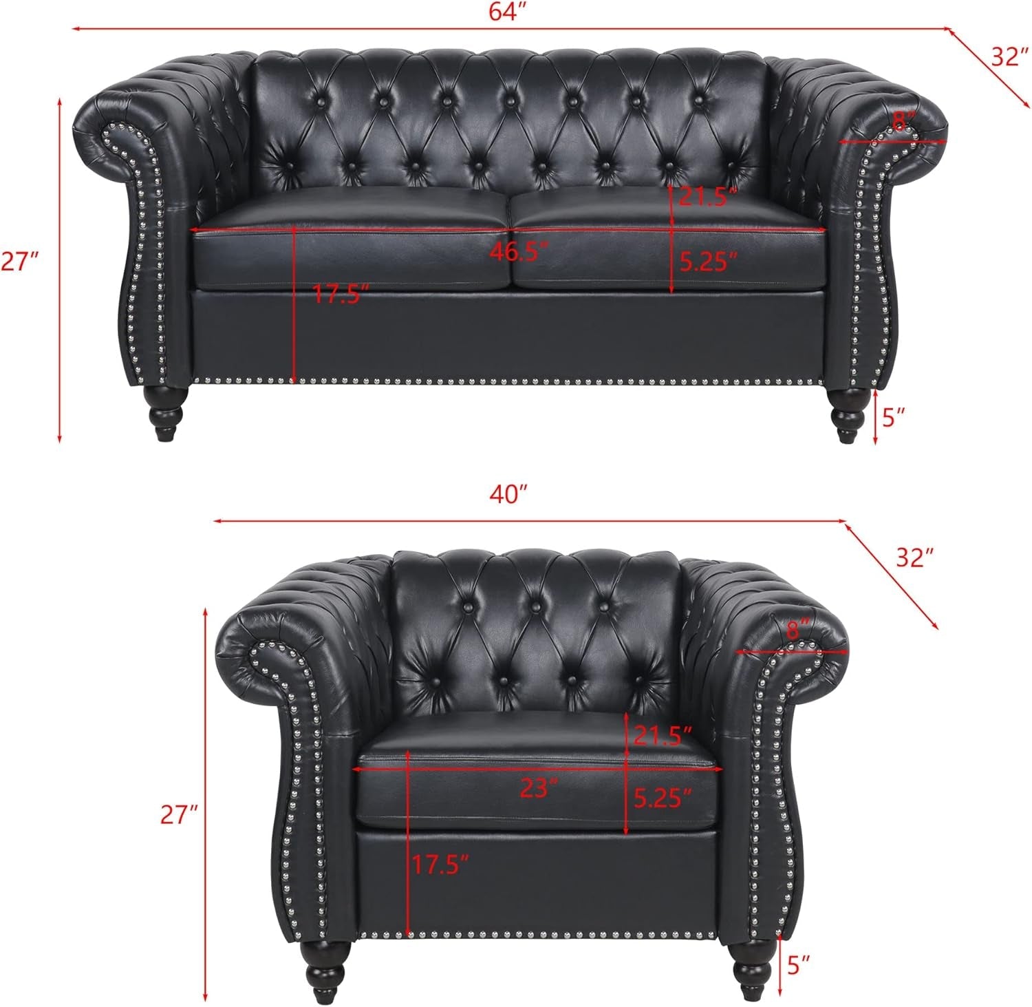 2 Pieces of Living Room Furniture Sofa Sets,Modern Contemporary Tufted Button Faux Leather Accent Club Chair&Chesterfield Loveseat Sofas Set with Nailhead Trim Scroll Arms for Home,Black-1