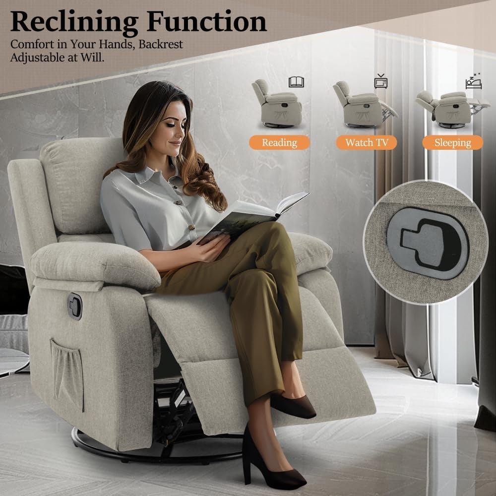 Recliner Chair, 360 Swivel Rocker Chair for Adults, Small Rocking Recliner Chair for Small Spaces, Upholstered Fabric Glider Recliner Nursery Chair with Side Pockets for Living Room, Nursery-3
