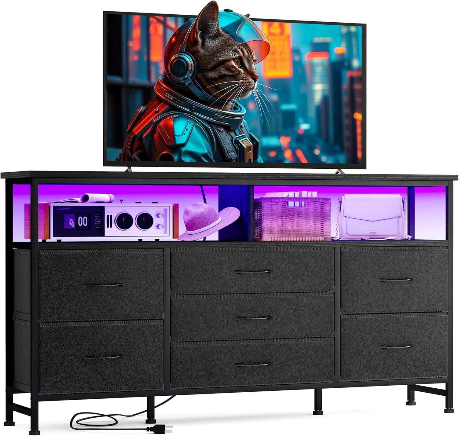 Black Dresser for Bedroom with Power Outlets and LED Lights, 55 Inch Drawer TV Stand with 7 Fabric Drawers, TV Stand for Bedroom up to 65 Inch TV, Chests of Drawers for Bedroom Black-0