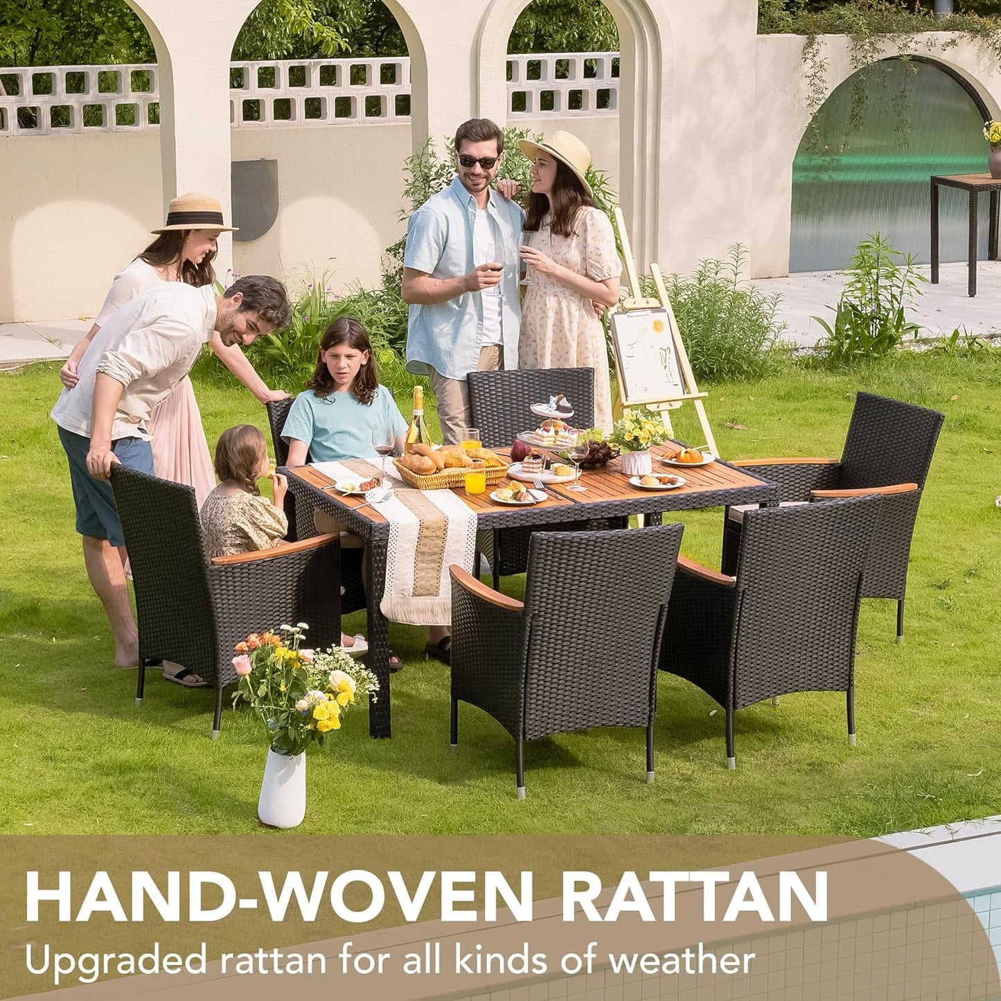 Dining 7 PCS Furniture, Patio Conversation Set with Acacia Wood Table Top, Rattan Outdoor, Black-4