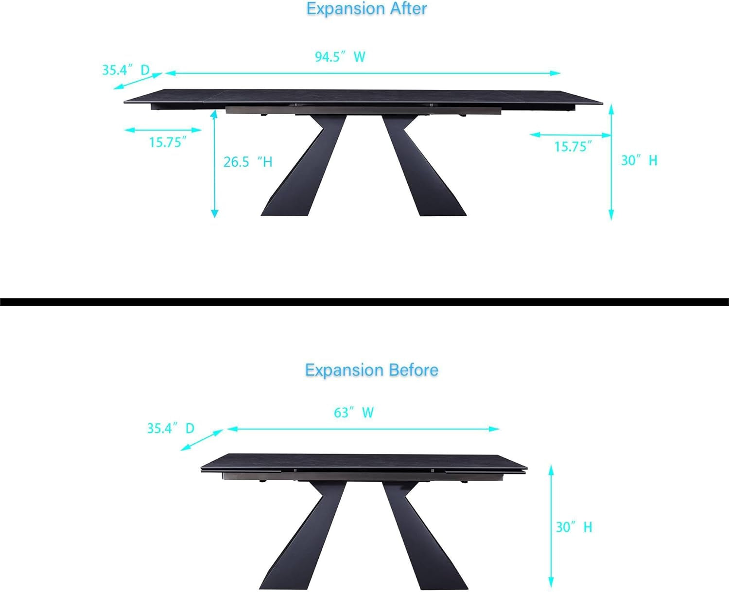 Extendable Dining Table for 8-12 Seat, Flexible Stretch, Tabletop Made from Rock Plate and Tempered Glass, Solid Carbon Steel Base, 35.4" D X 94.5" W X 30" H, Dark Grey-1
