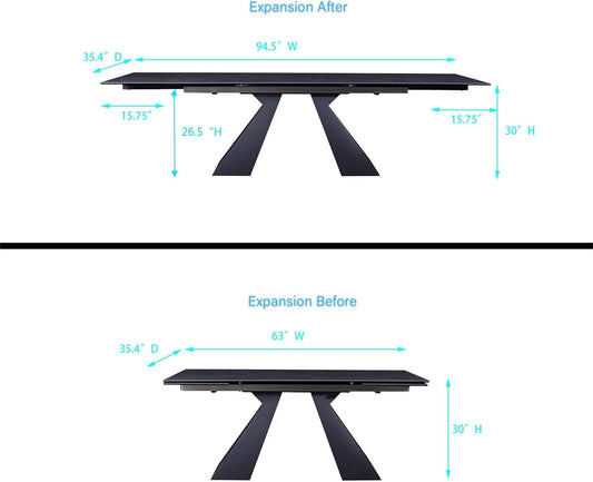 Extendable Dining Table for 8-12 Seat, Flexible Stretch, Tabletop Made from Rock Plate and Tempered Glass, Solid Carbon Steel Base, 35.4" D X 94.5" W X 30" H, Dark Grey-1