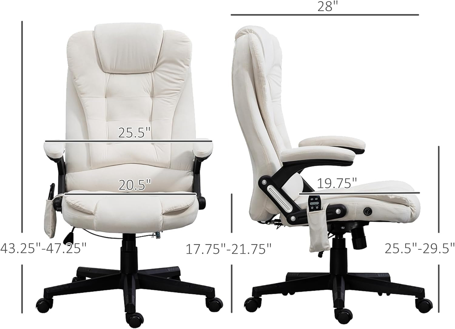 6 Point Vibrating Massage Office Chair with Heat, Velvet High Back Executive Office Chair with Reclining Backrest, Padded Armrests and Remote, Cream White-2