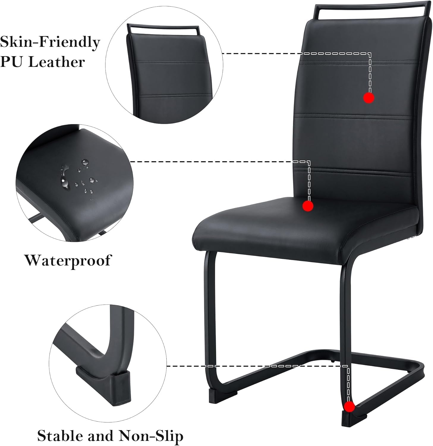 Modern Dining Chairs Set of 4, PU Faux Leather High Back Upholstered Dining Room Side Chair with Horizontal Stripe Backrest Design for Kitchen Living Room Dinner Chairs, Black with Black Legs-2