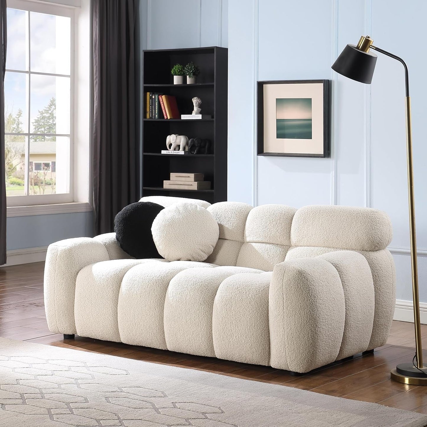 Boucle Upholstered Loveseat Sofa, Modern Tufted Cloud Couch, Comfy 2 Seater Marshmallow Love Seat with Thicked Cushions and Accent Pillows for Bedroom Apartment Office-3