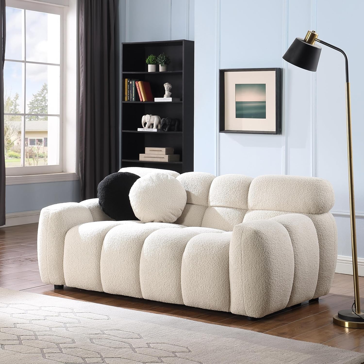 Boucle Upholstered Loveseat Sofa, Modern Tufted Cloud Couch, Comfy 2 Seater Marshmallow Love Seat with Thicked Cushions and Accent Pillows for Bedroom Apartment Office-3