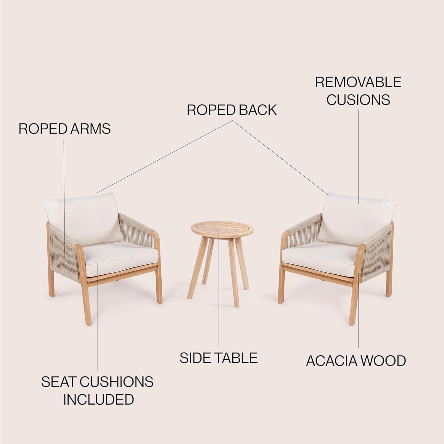 LVG1203A-3SET Aveiro 3-Piece Modern Bohemian Roped Acacia Wood Conversation Outdoor Patio Set with Cushions Coastal, Contemporary, Transitional, Rustic, Cottage, Beige/Light Teak-2