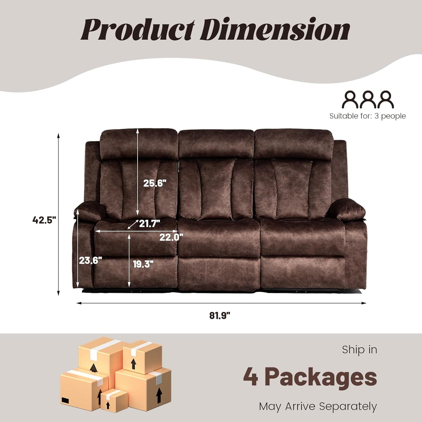 Electric Power Reclining Sofa Set - 3-Seater with Flip-Top Console & Massage Heat, Faux Leather Dual Recliner with USB Ports & Storage, Perfect for Living Room Comfort & Convenience (Brown)-1