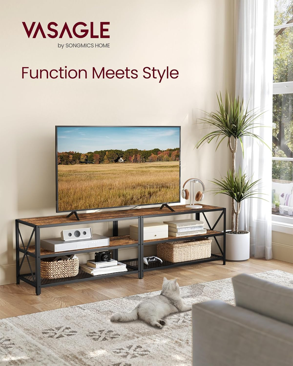 TV Stand, TV Console for Tvs up to 75 Inches, TV Table, 70.1 Inches Width, TV Cabinet with Storage Shelves, Steel Frame, for Living Room, Bedroom, Rustic Brown and Black ULTV096B01V1-2