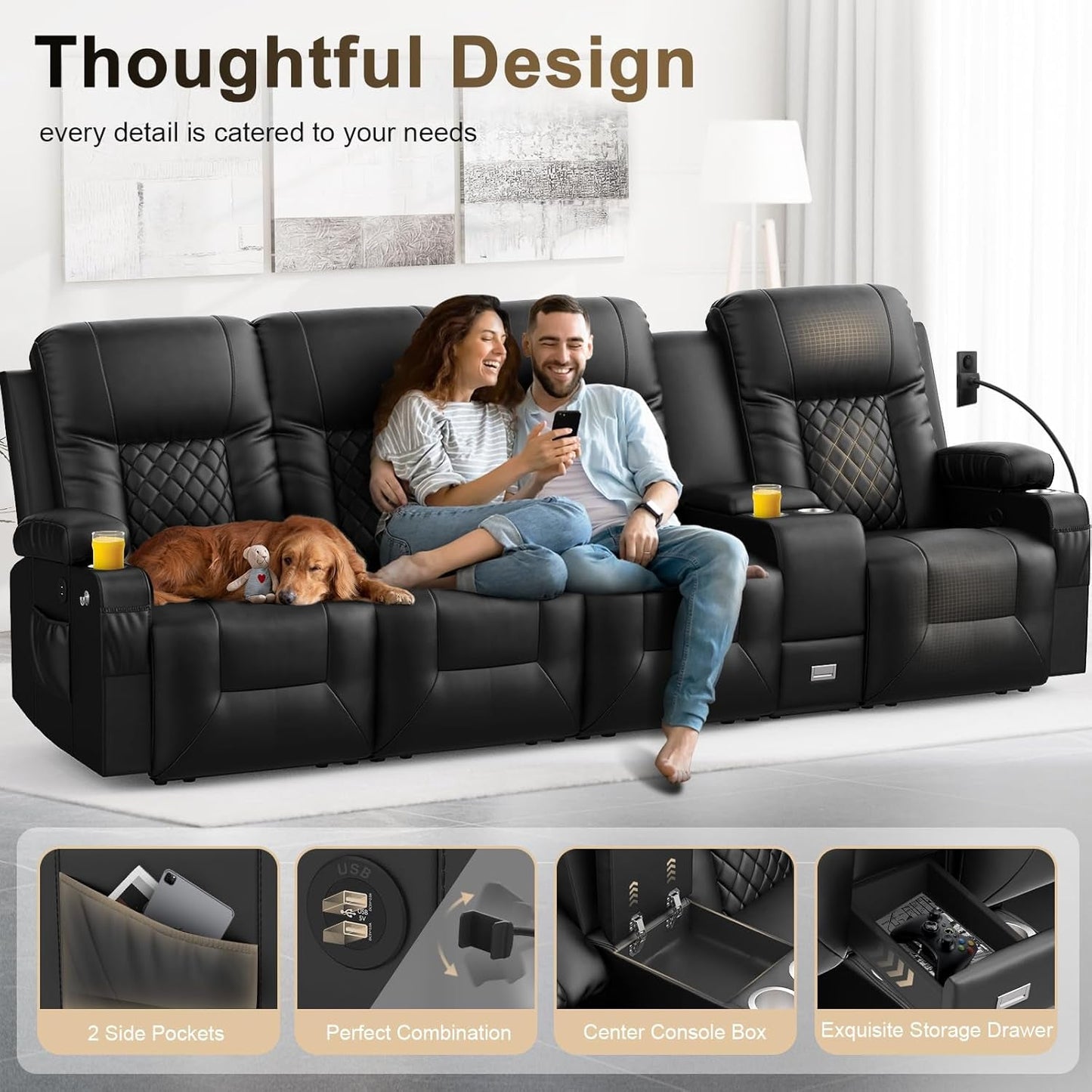 4 Seat Recliner Sofa, Large Reclining Sofa with Storage Console, Manual Reclining Chair with USB Ports, 2 Cell Phone Holder, 4 Seater Recliner Couch for Living Room-3