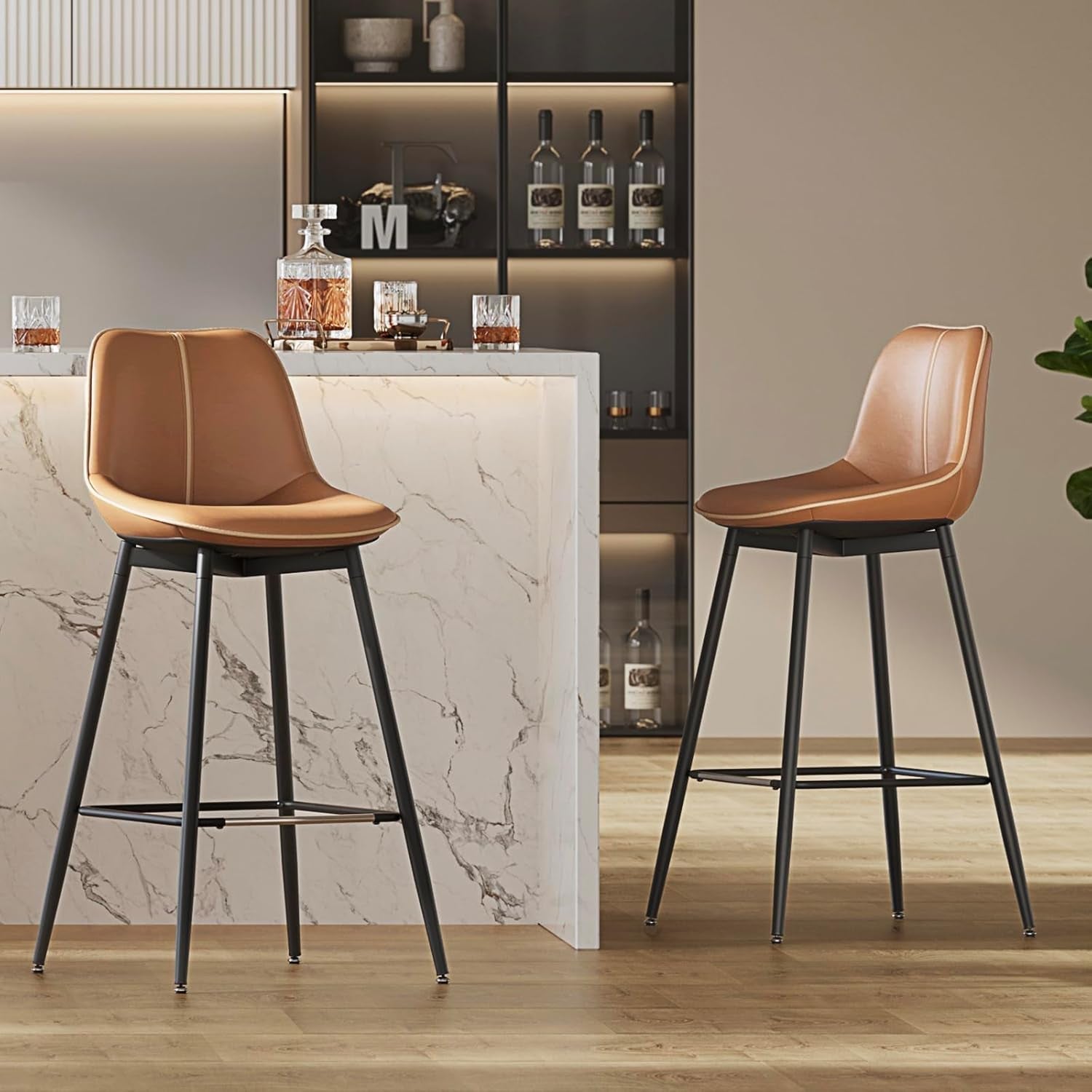 Bar Stools Set of 2, Bar Height Bar Stools with Back, Ergonomic Backrest, Synthetic Leather, Metal Legs, 28.7-Inch Tall Stools for Kitchen Island Home Bar, Caramel Brown ULBC888K01-0