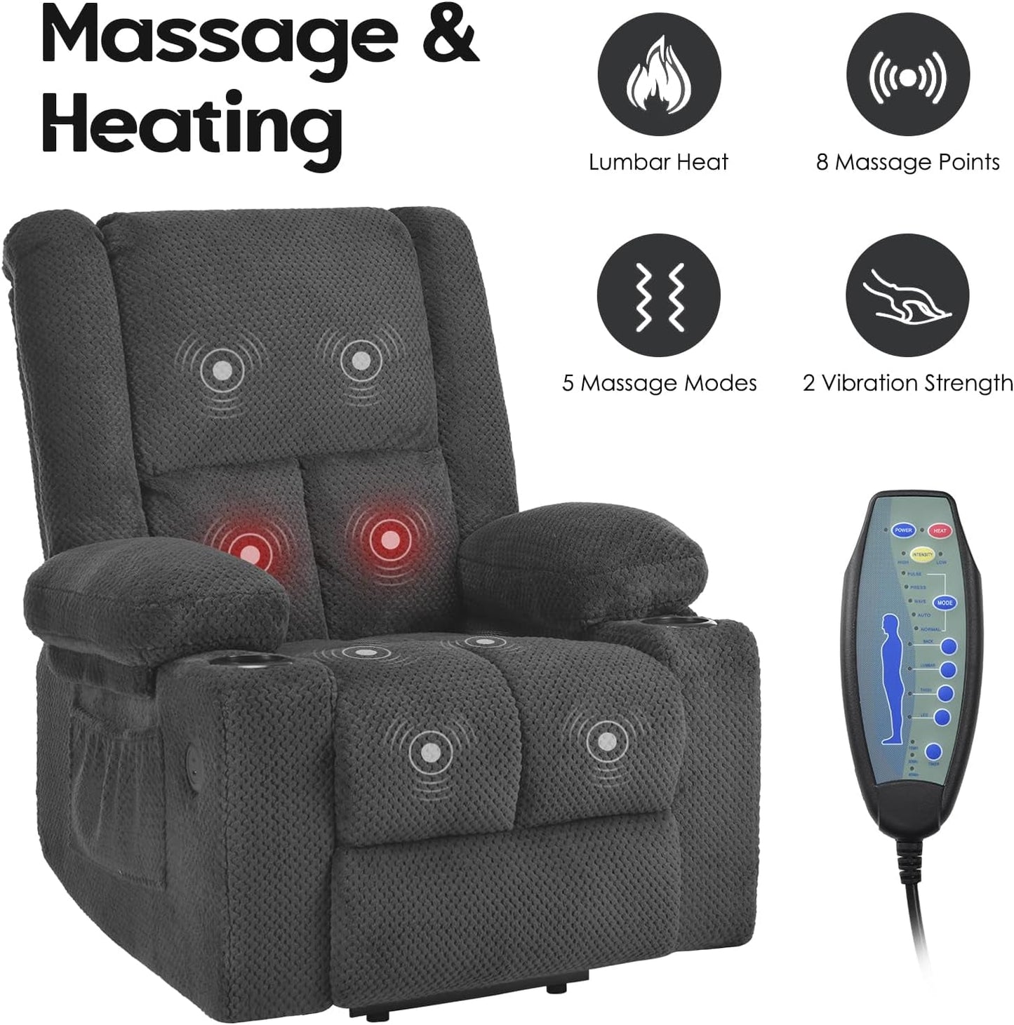 Power Lift Recliner Chair with Massage and Heat for Elderly People, USB Ports and Cup Holders-3