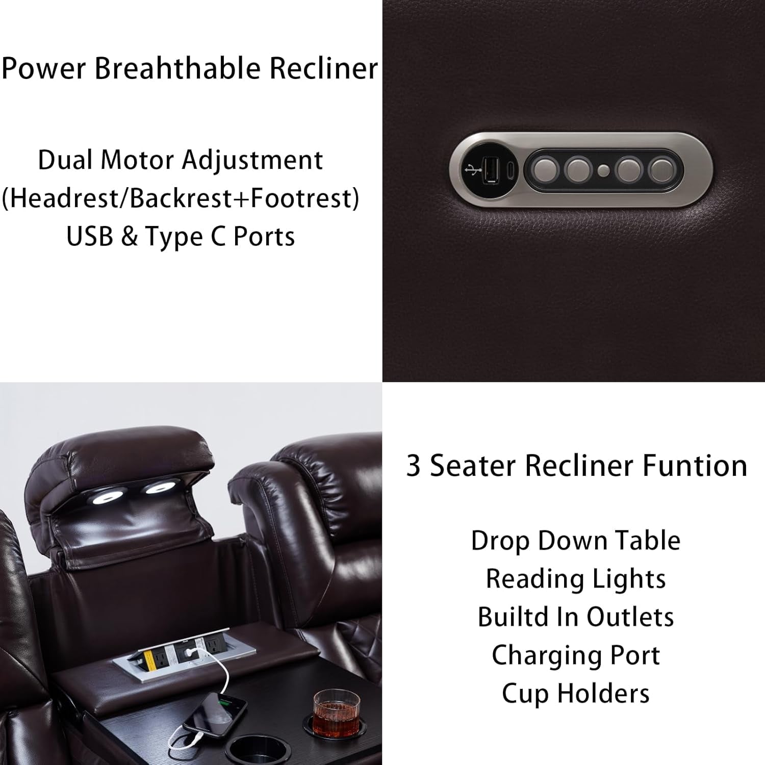 Power Breathable Leather Reclining Sofa Set with LED Light, Home Theater Seating Recliner Couch with Adjustable Headrest/Reading Light/Usb Port/Wireless Charing/Bluetooth Speaker, Black-3