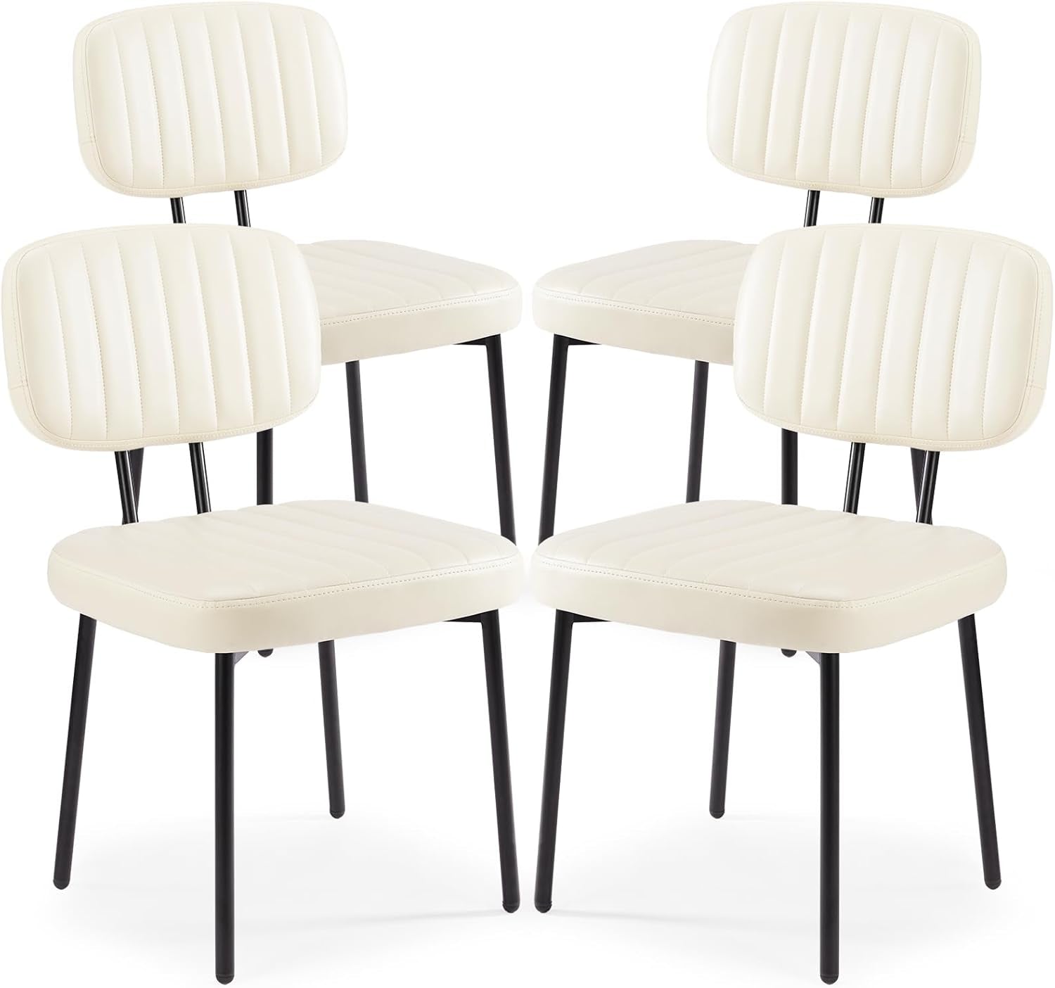 Dining Chairs Set of 4, Upholstered Mid Century Modern Kitchen Dining Room Accent Chairs with Faux Leather Cushion Seat & Metal Legs for Kitchen, Living Room - Cream White-0