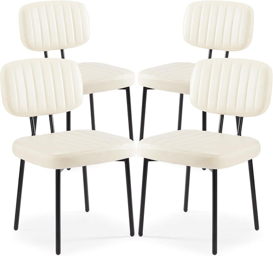 Dining Chairs Set of 4, Upholstered Mid Century Modern Kitchen Dining Room Accent Chairs with Faux Leather Cushion Seat & Metal Legs for Kitchen, Living Room - Cream White-0
