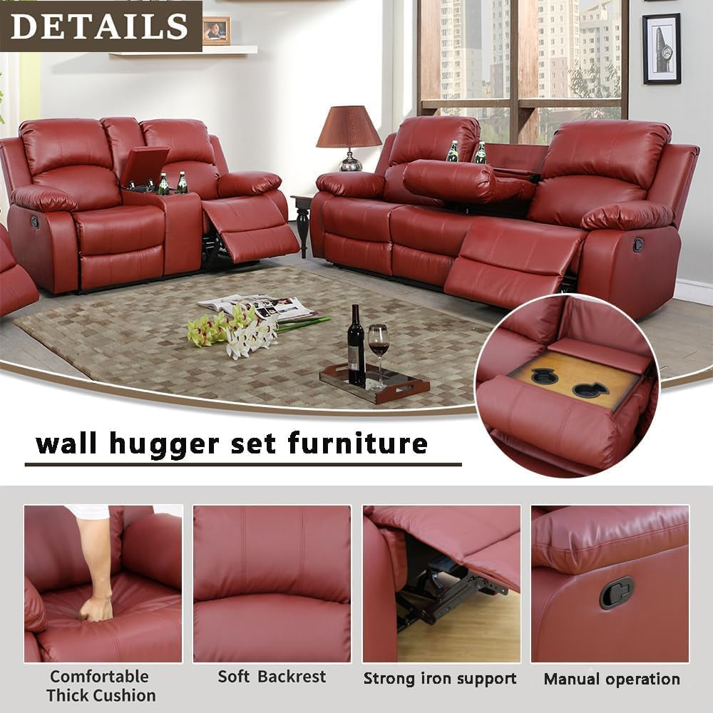 Bonded Leather Living Room Furniture Set Reclining Sofa Set Loveseat Furniture Sets in Living Room Sofa Recliners (Sofa+Loveseat, Red)-2