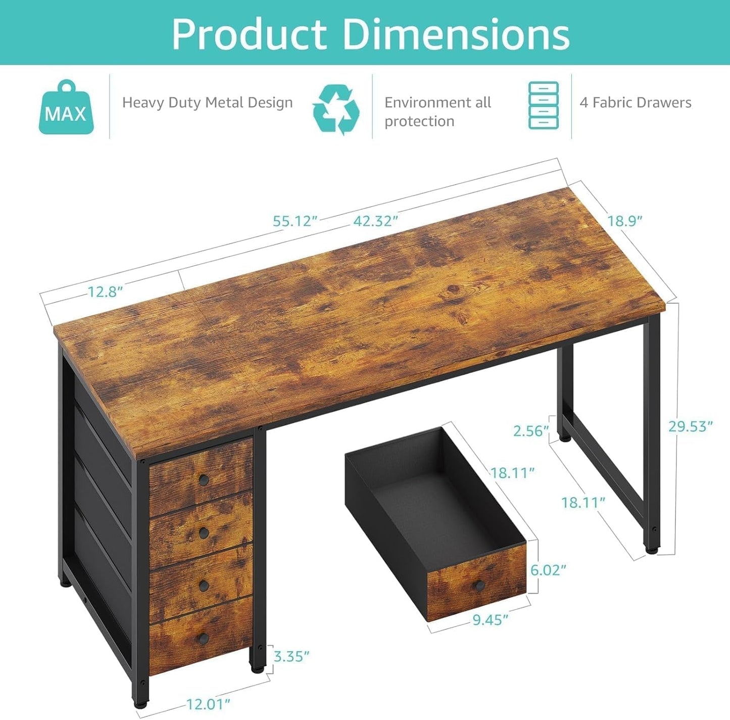 Computer Desk with Fabric Drawers - 55 Inch Long Study Work Writing Desk for Home Office Bedroom, Simple Modern Cute PC Desks with Drawer, Rustic Brown-2