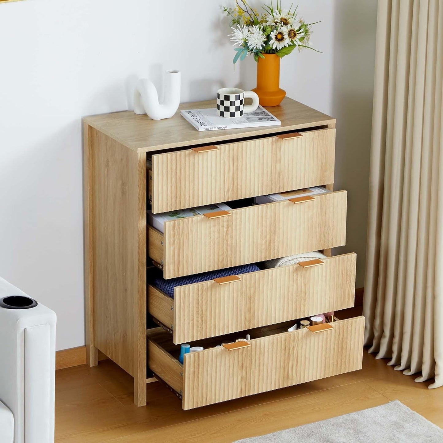 4 Drawer Dressers for Bedroom, Modern Closet Chest of Drawers with Waveform Fluted Panel, Large Wood Storage Dresser Organizer for Nursery Bedroom Living Room Hallway Closet, Natural-2