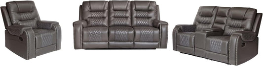 PU Leather Sofa Set, 3 Pieces Living Room Set with Cup Holders, Manual Recliner Sofa &Loveseat & Chair, Gray-0