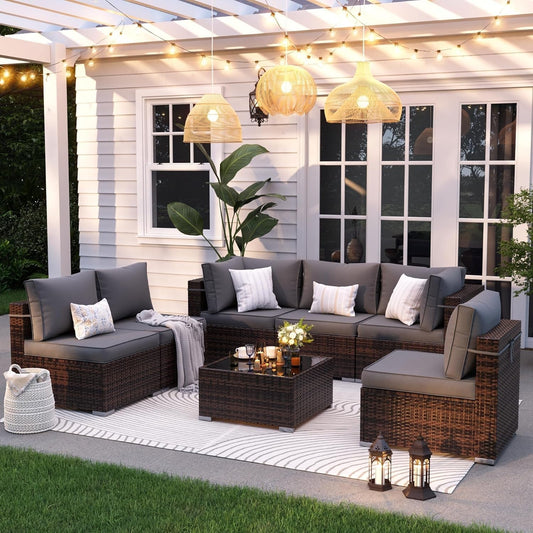 Patio Furniture Set, 7-Piece Outdoor Sectional with Waterproof Cover, All-Weather Wicker Patio Conversation Sets for Backyard (Brown with Grey Cushion)-0