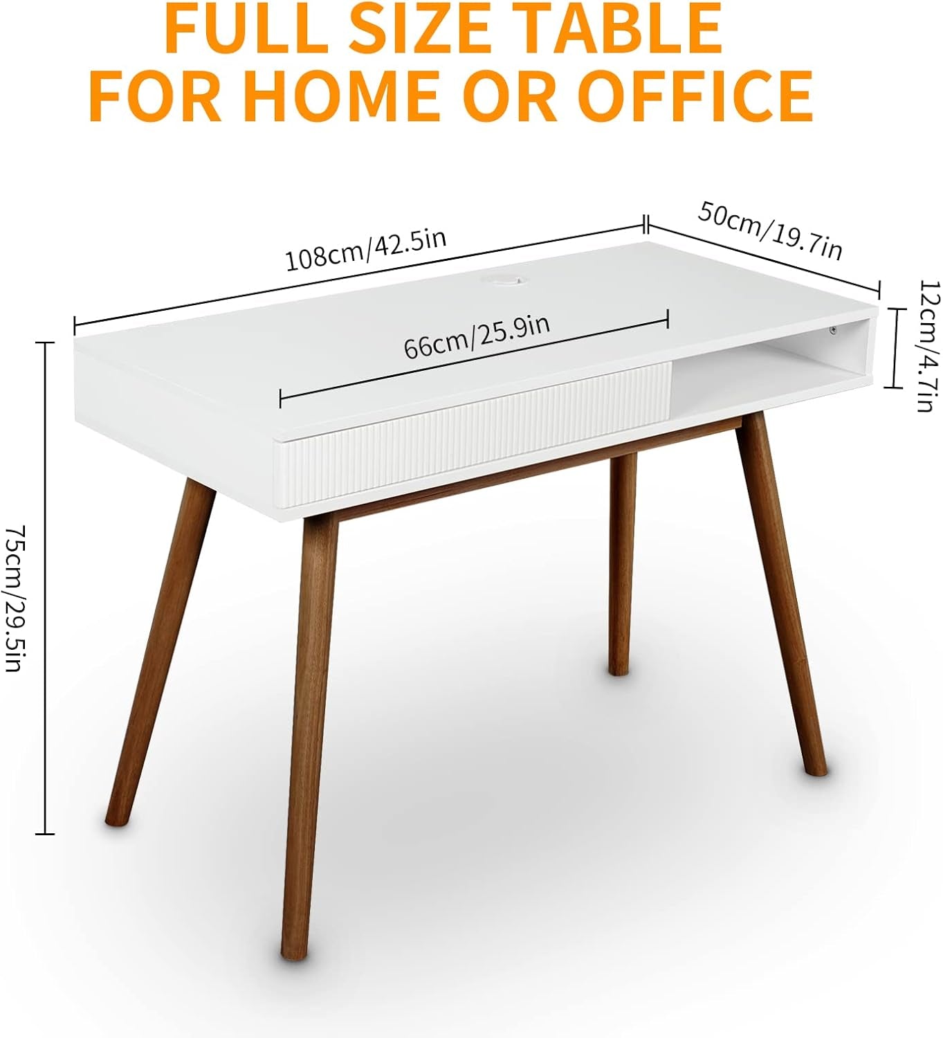White Writing Desk with Drawers Mid Century Modern Desk, Wood Office Desk Computer Desk Vanity Desk for Small Space, White Desk with Walnut Legs-1